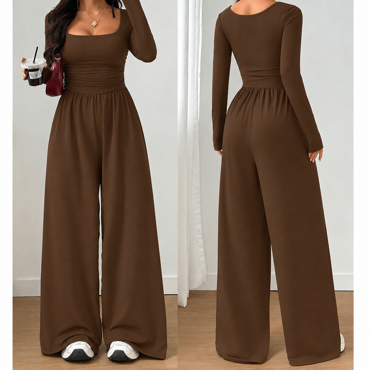 Silvana - Tuta da donna casual con scollo quadrato e pantaloni a gamba larga – Comodità che valorizza la figura e uno stile autunnale disinvolto