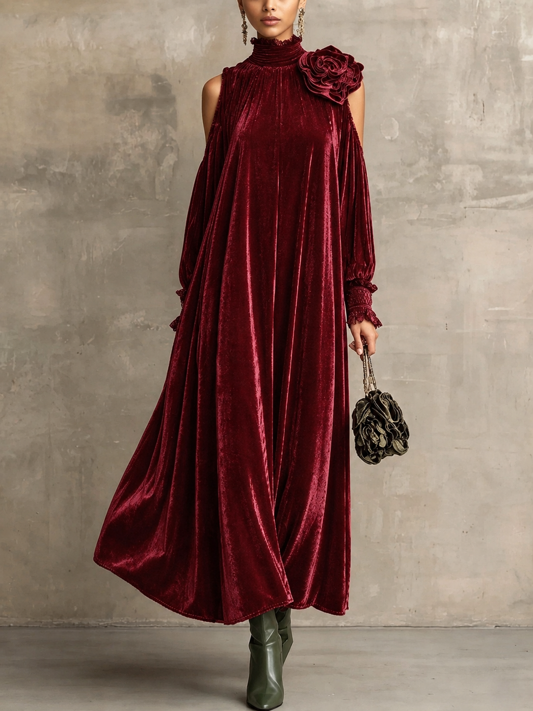 Annalisa - Abito lungo a maniche lunghe in stile elegante con collo alto e dettaglio floreale