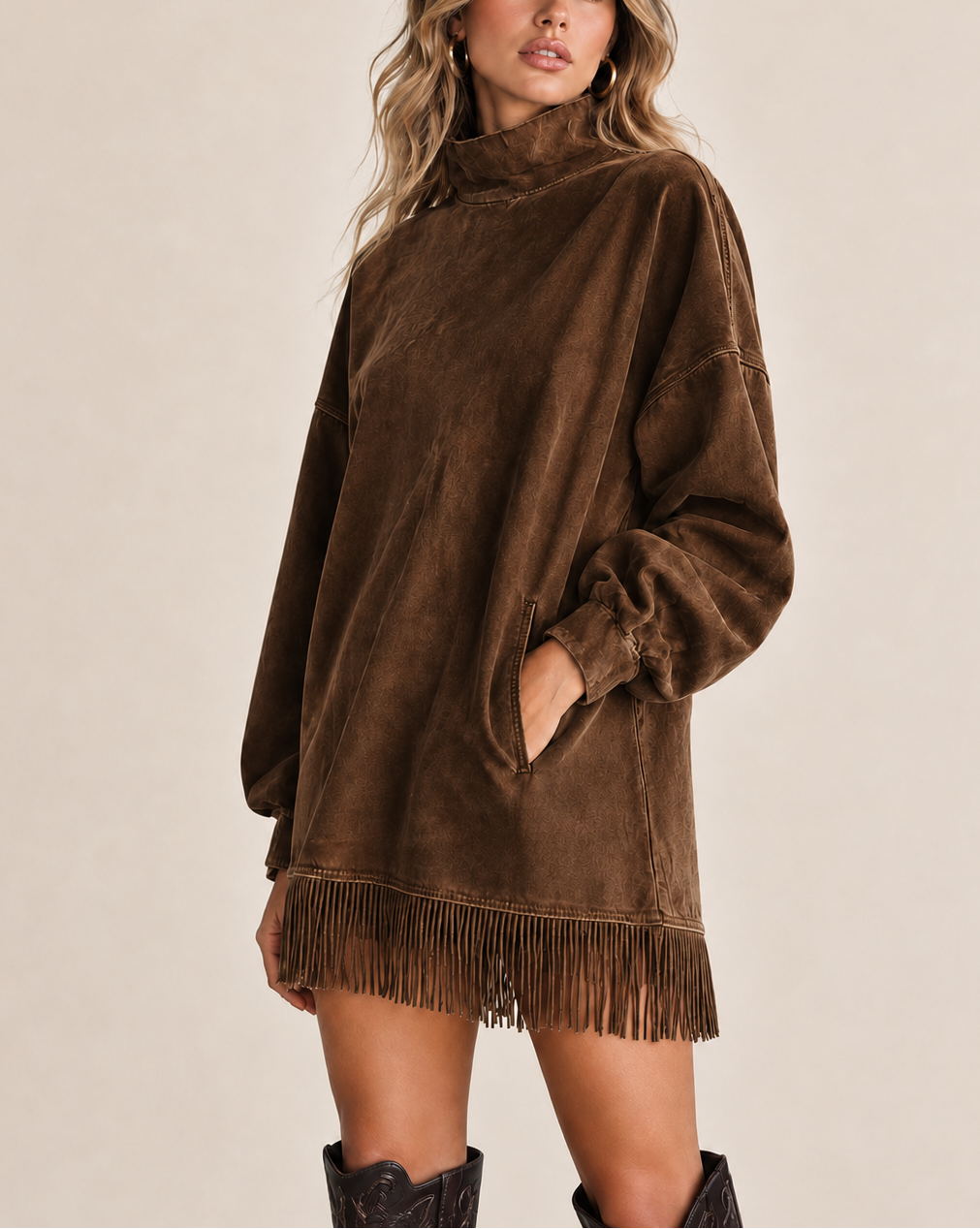 Silvia - Abito casual a maniche lunghe con collo alto, effetto lavato e nappine