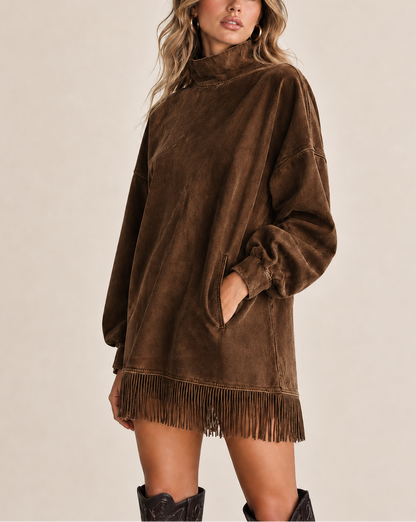 Silvia - Abito casual a maniche lunghe con collo alto, effetto lavato e nappine