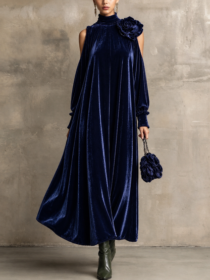 Annalisa - Abito lungo a maniche lunghe in stile elegante con collo alto e dettaglio floreale
