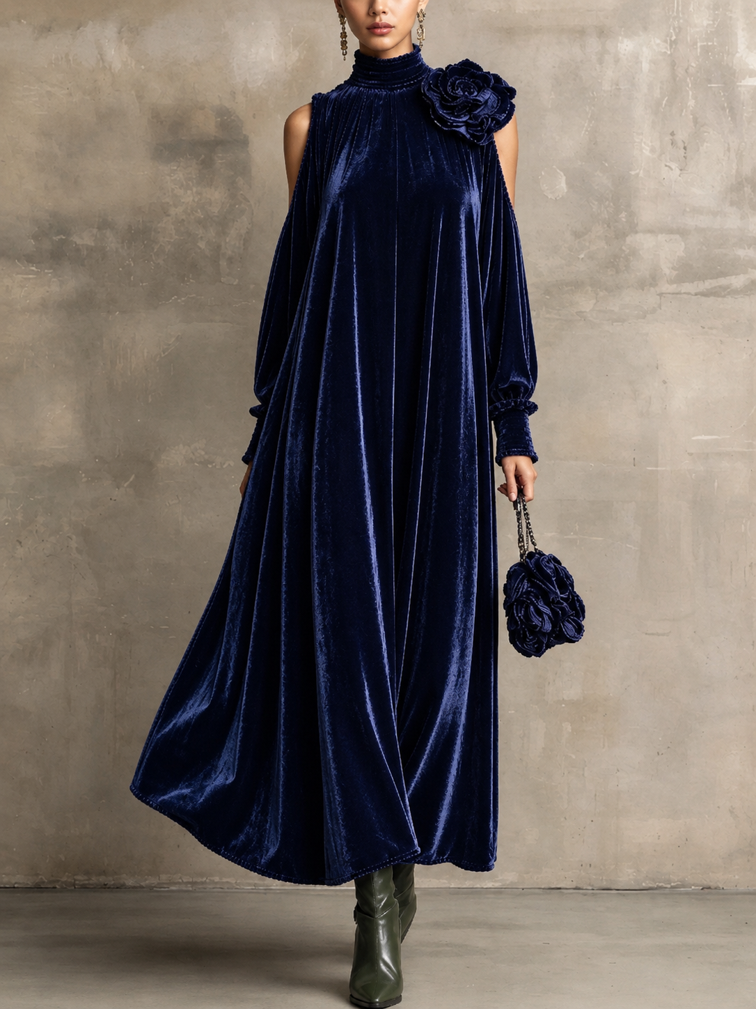 Annalisa - Abito lungo a maniche lunghe in stile elegante con collo alto e dettaglio floreale
