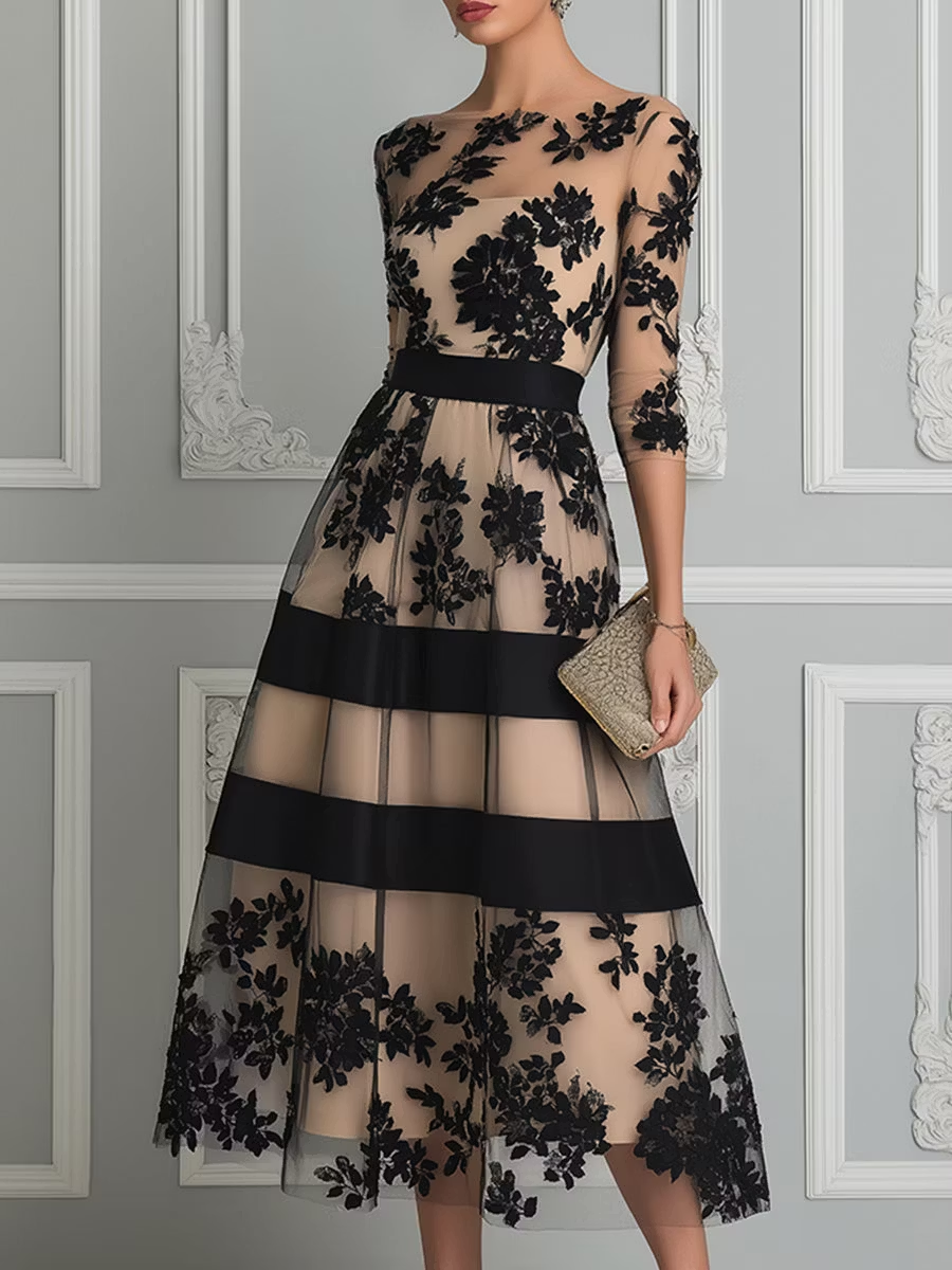 Rosanna - Elegante abito midi a trapezio in pizzo nero