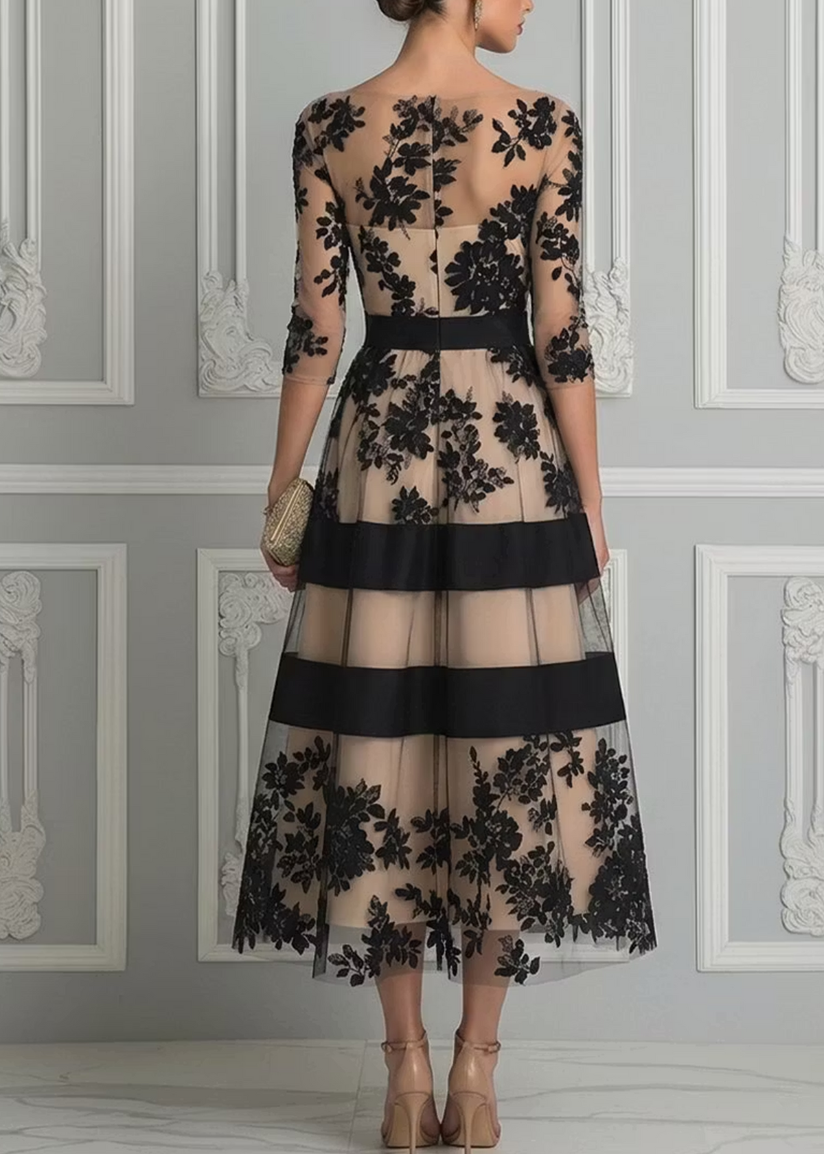 Rosanna - Elegante abito midi a trapezio in pizzo nero