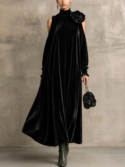 Annalisa - Abito lungo a maniche lunghe in stile elegante con collo alto e dettaglio floreale