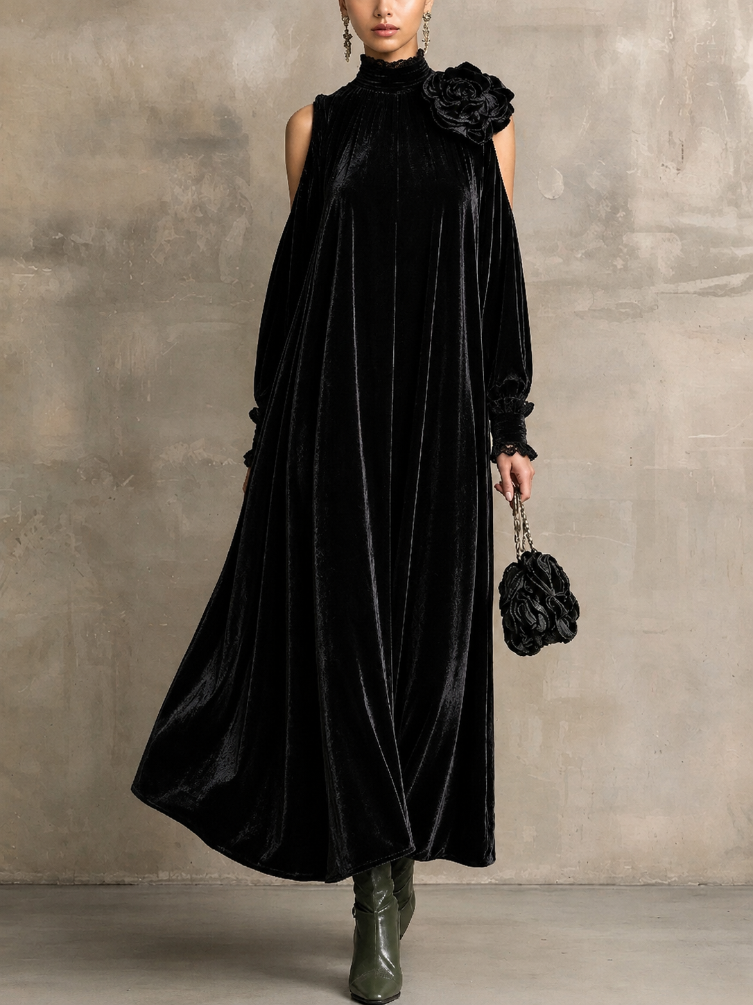 Annalisa - Abito lungo a maniche lunghe in stile elegante con collo alto e dettaglio floreale