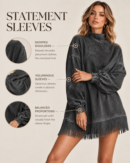 Silvia - Abito casual a maniche lunghe con collo alto, effetto lavato e nappine