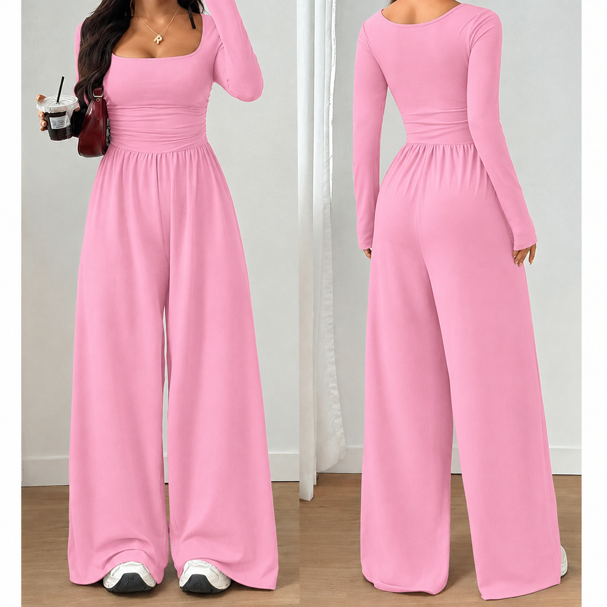 Silvana - Tuta da donna casual con scollo quadrato e pantaloni a gamba larga – Comodità che valorizza la figura e uno stile autunnale disinvolto