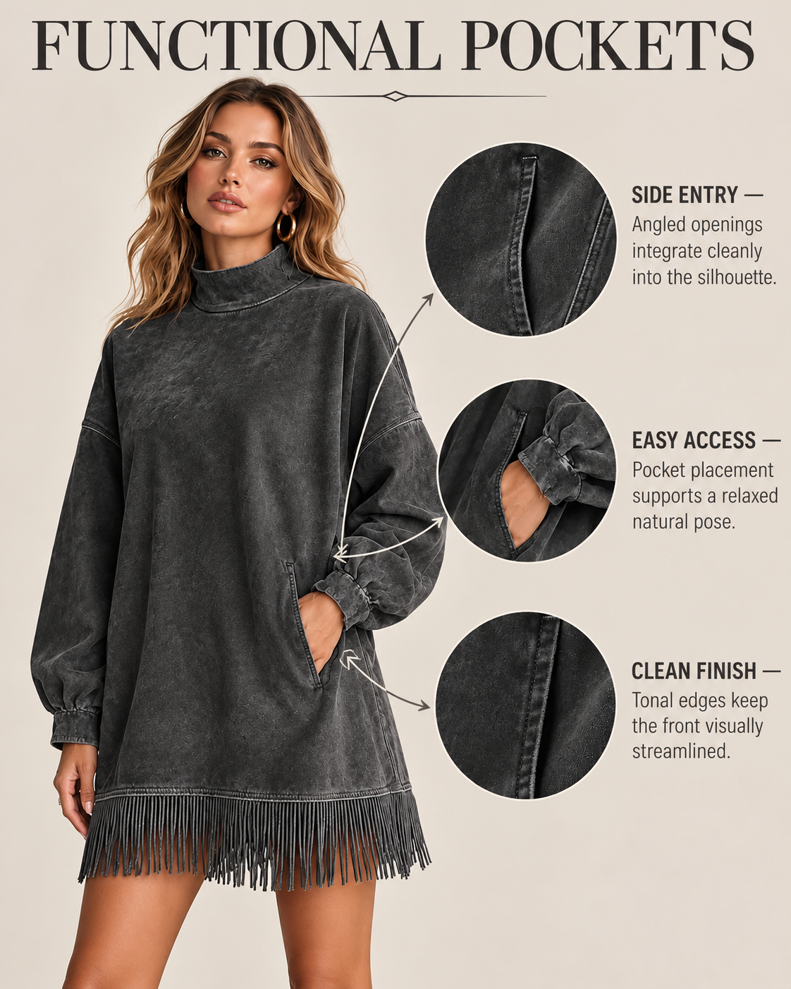 Silvia - Abito casual a maniche lunghe con collo alto, effetto lavato e nappine