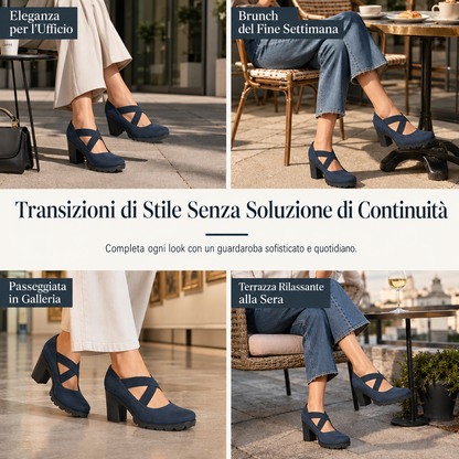 Vittoria - Scarpe Mary Jane da donna con punta arrotondata, cinturini incrociati, tacco grosso, plateau e tacco alto con aperture