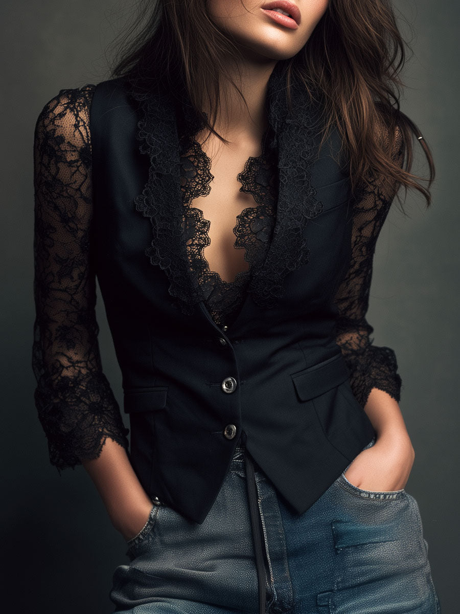 Nicoletta - Blazer nero con maniche semitrasparenti