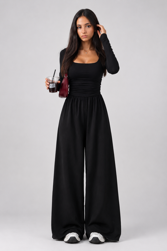 Silvana - Tuta da donna casual con scollo quadrato e pantaloni a gamba larga – Comodità che valorizza la figura e uno stile autunnale disinvolto