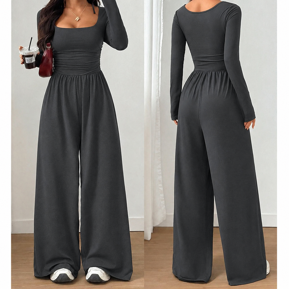 Silvana - Tuta da donna casual con scollo quadrato e pantaloni a gamba larga – Comodità che valorizza la figura e uno stile autunnale disinvolto