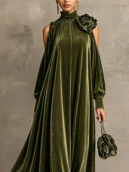 Annalisa - Abito lungo a maniche lunghe in stile elegante con collo alto e dettaglio floreale