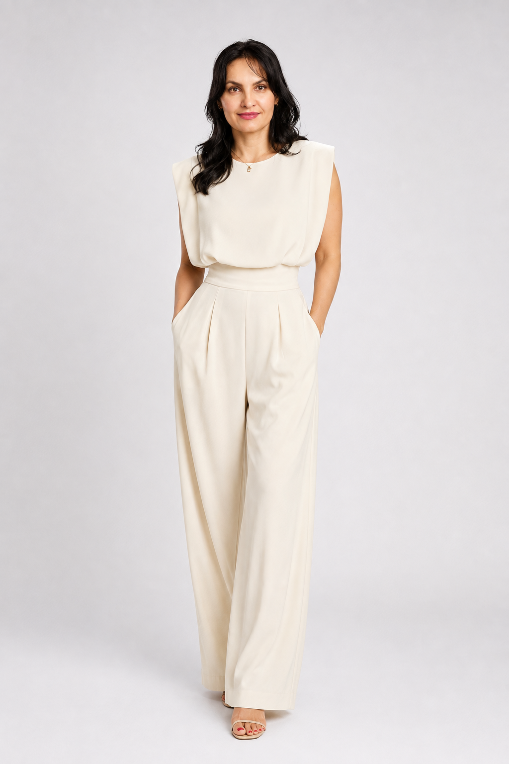 Cinzia - Elegante tuta lunga da donna senza maniche, con pantaloni palazzo e vita alta