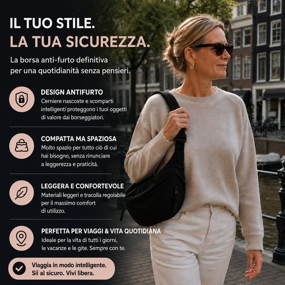 Mirella – Borsa a tracolla antifurto a forma di mezzaluna