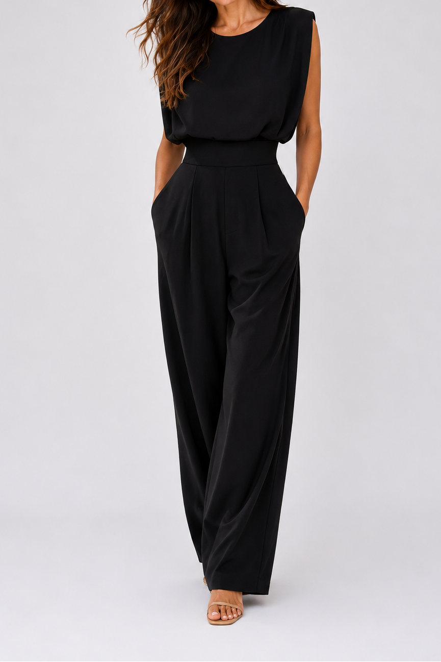 Cinzia - Elegante tuta lunga da donna senza maniche, con pantaloni palazzo e vita alta