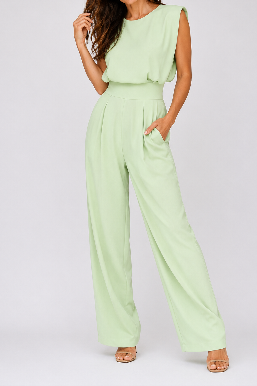Cinzia - Elegante tuta lunga da donna senza maniche, con pantaloni palazzo e vita alta