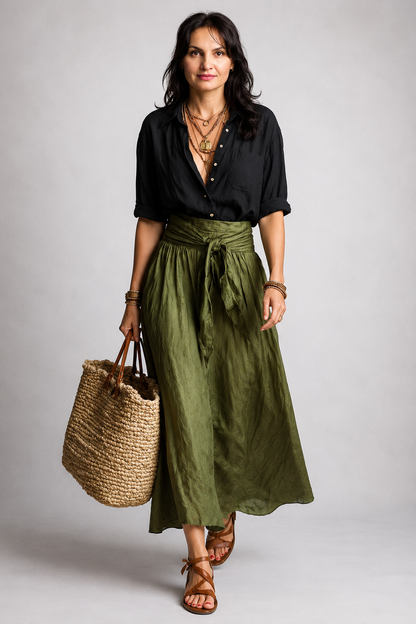 Vita - Elegante completo a due pezzi con camicetta nera e gonna midi