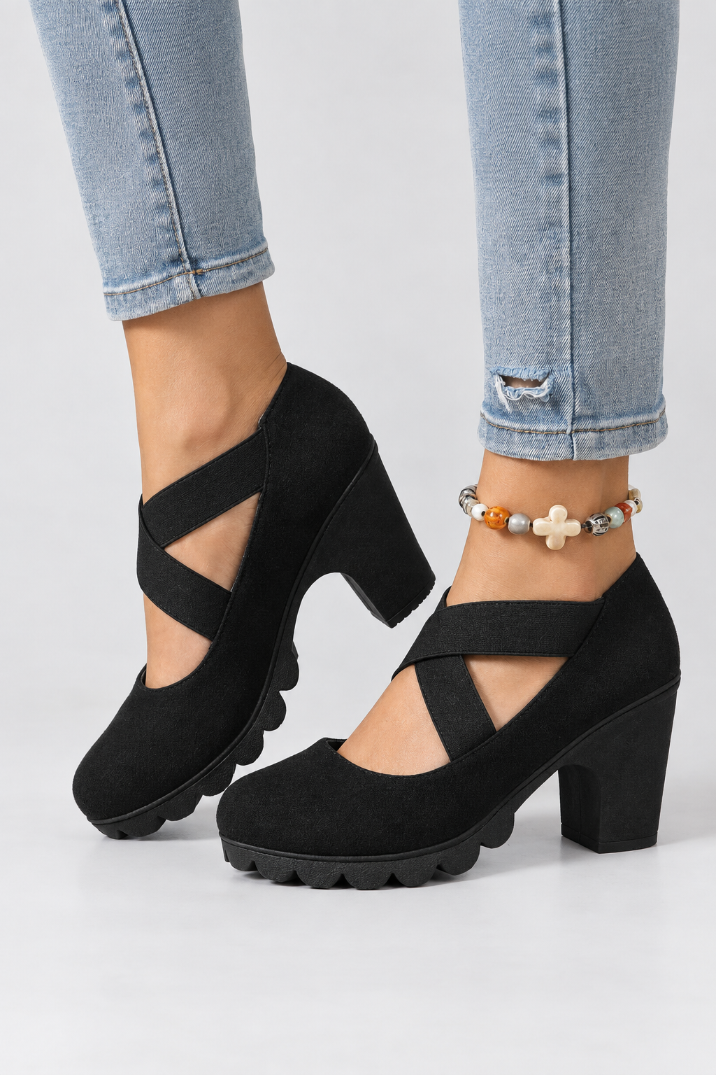 Vittoria - Scarpe Mary Jane da donna con punta arrotondata, cinturini incrociati, tacco grosso, plateau e tacco alto con aperture