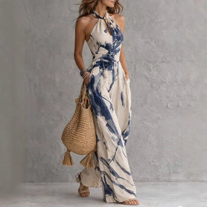 Valentina - Tuta da donna con scollo all’americana e stampa acquerello