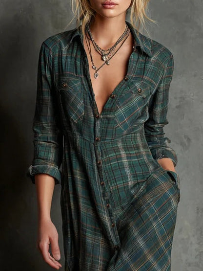 Paola - Abito lungo con camicia a giacca monopetto con revers a quadri verdi