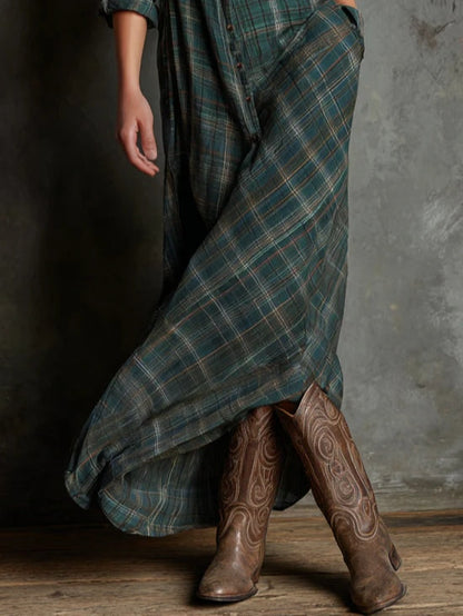 Paola - Abito lungo con camicia a giacca monopetto con revers a quadri verdi