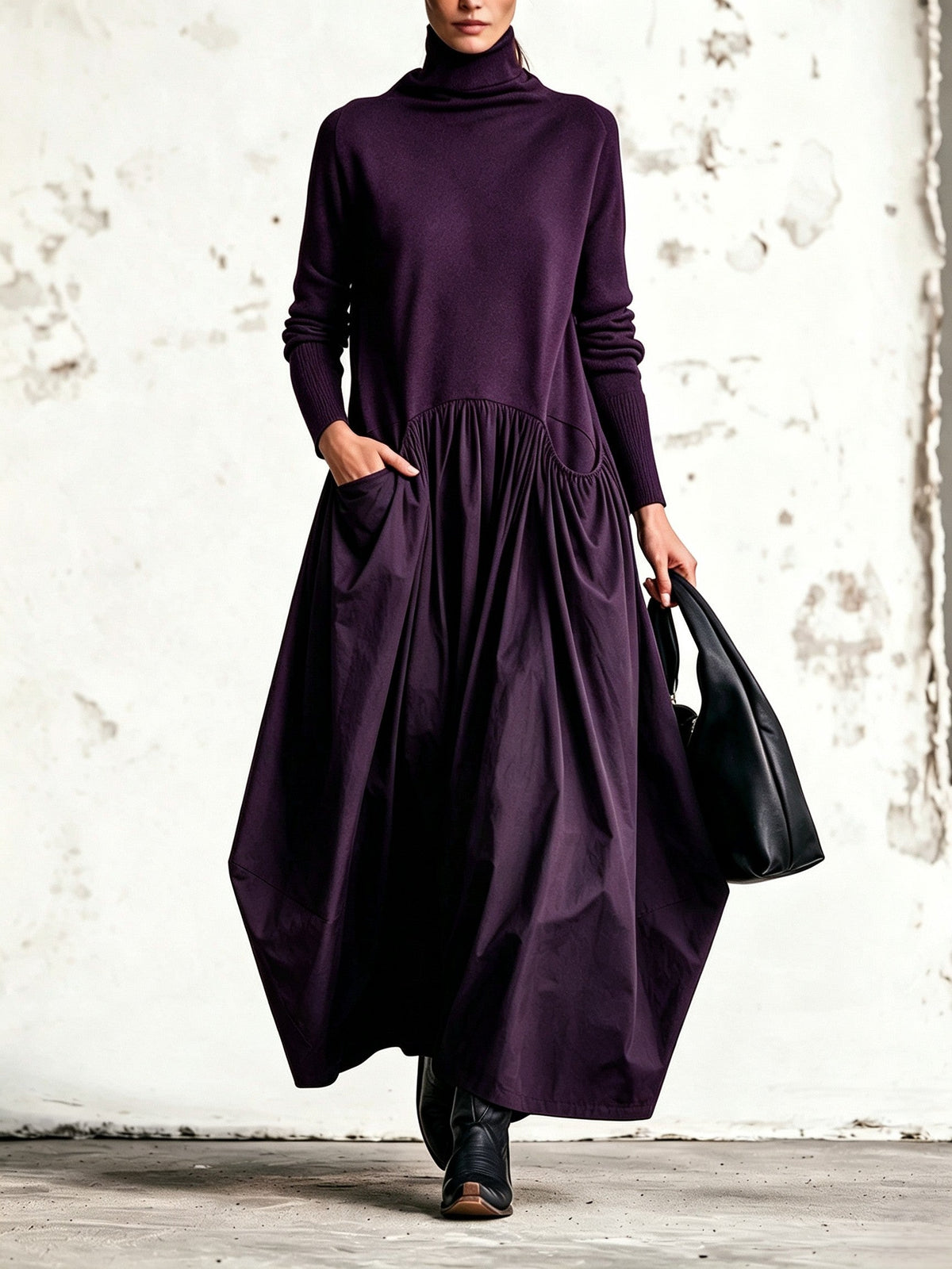 Barbara - Abito lungo oversize con collo alto e tasche decorative