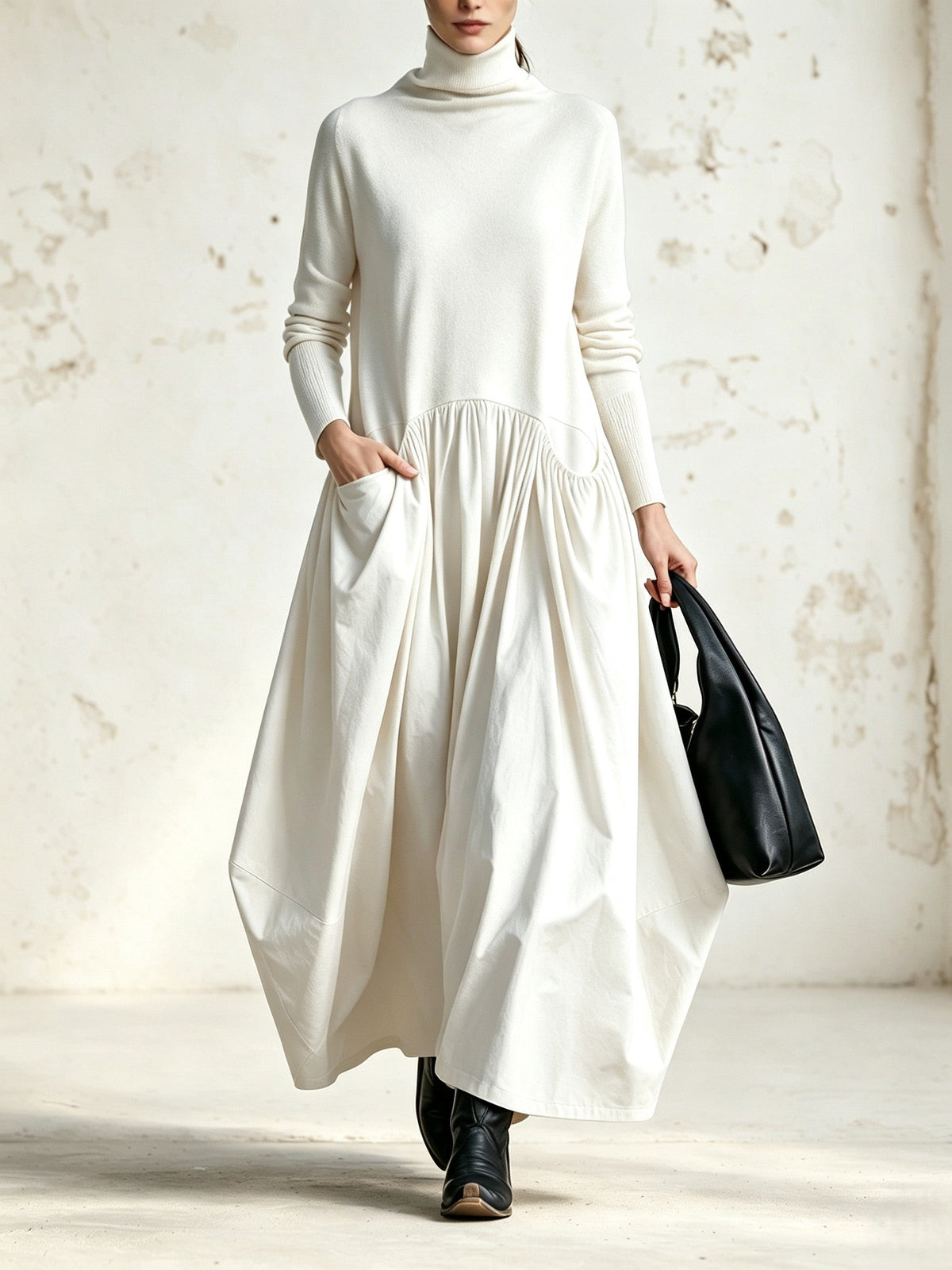 Barbara - Abito lungo oversize con collo alto e tasche decorative