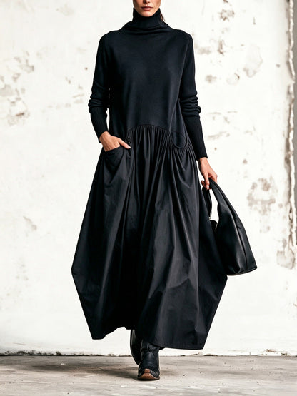 Barbara - Abito lungo oversize con collo alto e tasche decorative