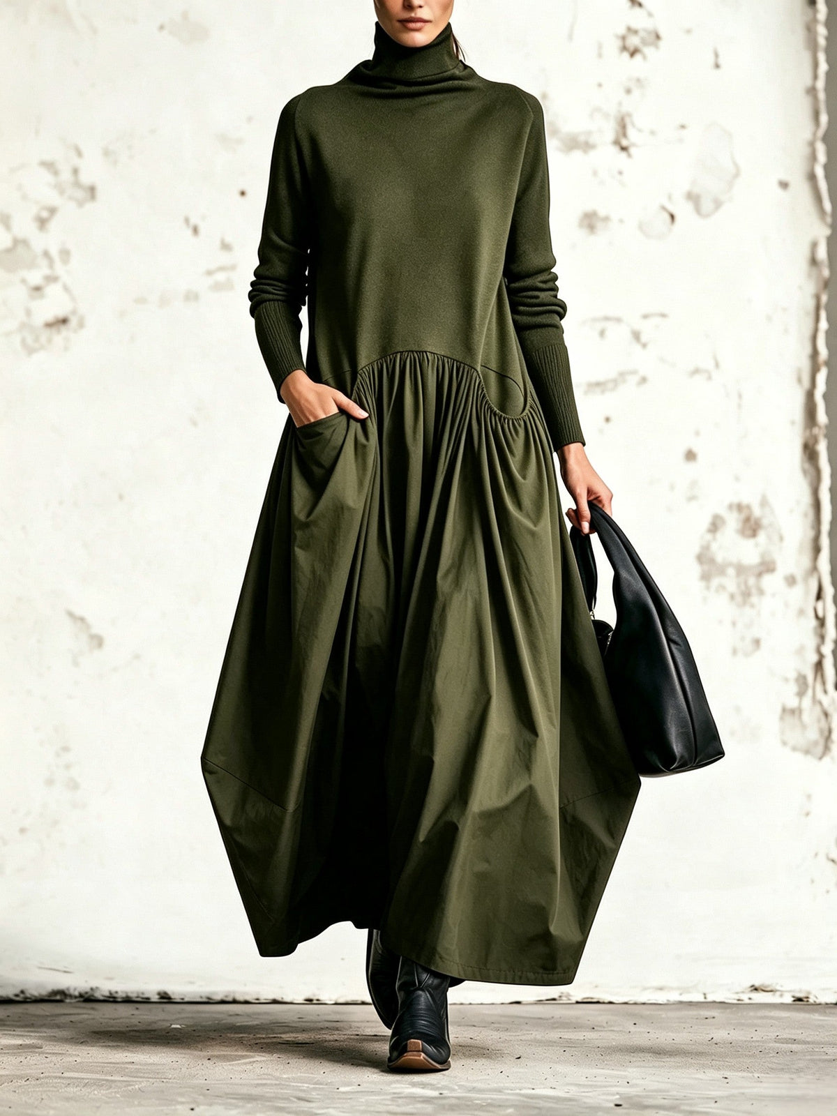 Barbara - Abito lungo oversize con collo alto e tasche decorative
