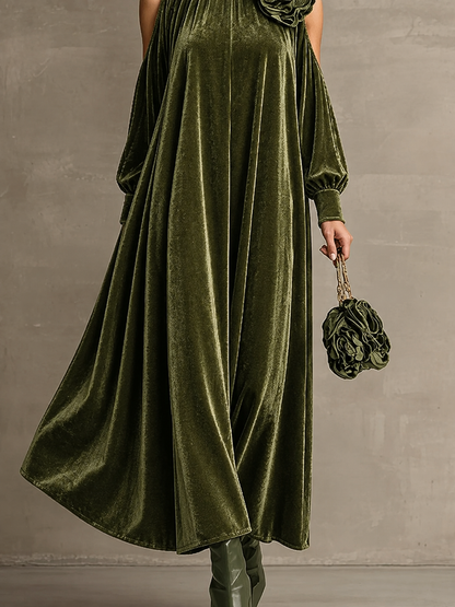 Annalisa - Abito lungo a maniche lunghe in stile elegante con collo alto e dettaglio floreale