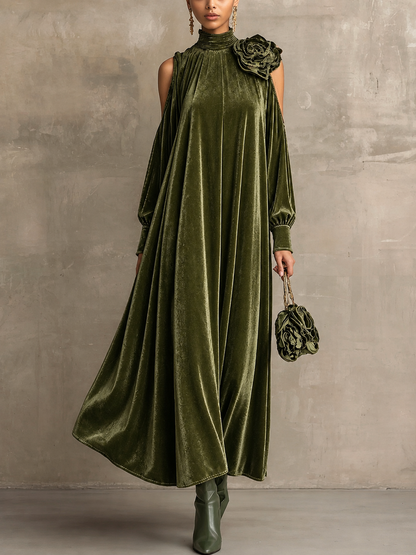 Annalisa - Abito lungo a maniche lunghe in stile elegante con collo alto e dettaglio floreale