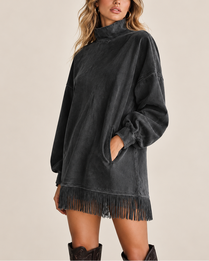 Silvia - Abito casual a maniche lunghe con collo alto, effetto lavato e nappine