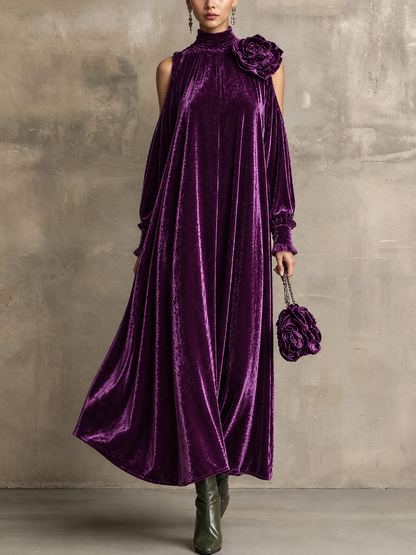 Annalisa - Abito lungo a maniche lunghe in stile elegante con collo alto e dettaglio floreale