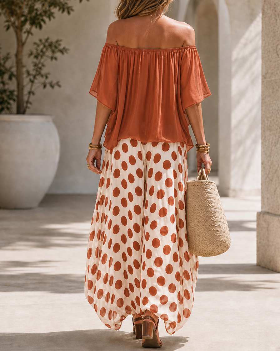Beatrice - Completo fluido a pois con spalle scoperte