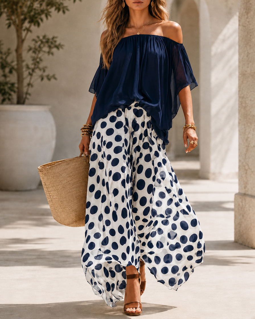 Beatrice - Completo fluido a pois con spalle scoperte