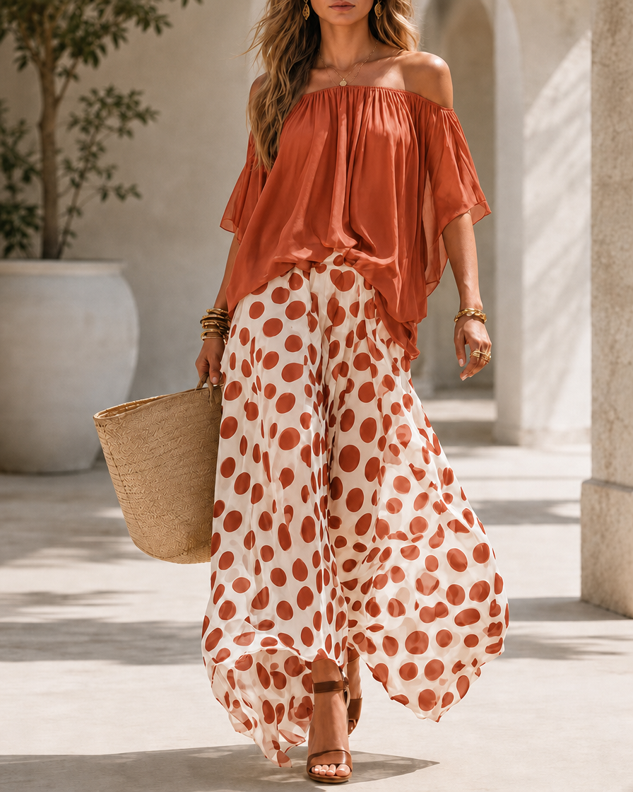 Beatrice - Completo fluido a pois con spalle scoperte