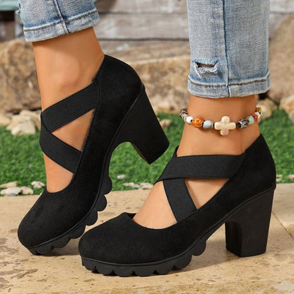 Vittoria - Scarpe Mary Jane da donna con punta arrotondata, cinturini incrociati, tacco grosso, plateau e tacco alto con aperture
