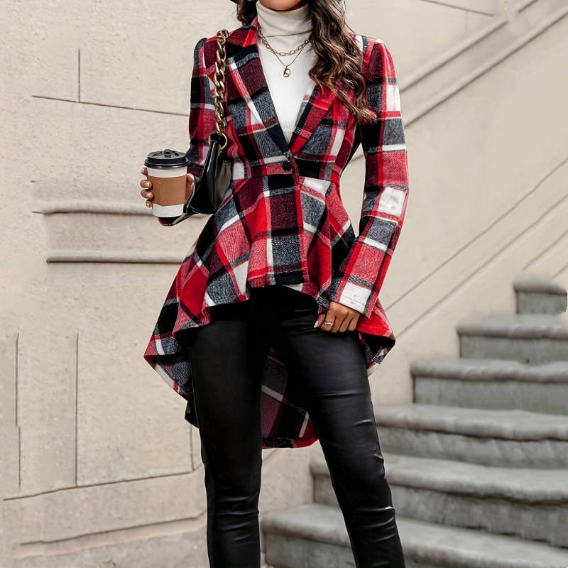 Alessandra - Statement Tailoring, cappotto da donna a quadri con peplo asimmetrico e vita stretta
