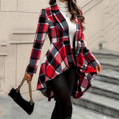 Alessandra - Statement Tailoring, cappotto da donna a quadri con peplo asimmetrico e vita stretta