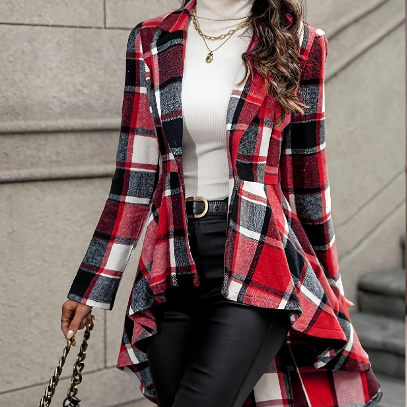 Alessandra - Statement Tailoring, cappotto da donna a quadri con peplo asimmetrico e vita stretta